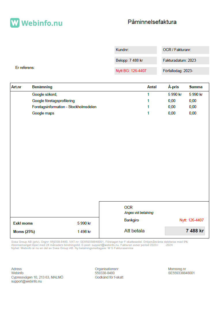 Webinfo.nu Svea Group AB påminnelsefaktura 2023